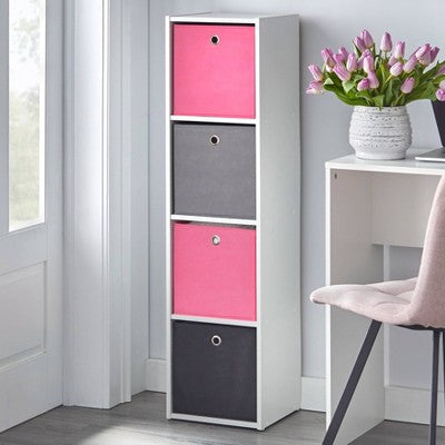  4.25" Utility Bookcase Tower With 4 Fabric Bins White/Pink - Buylateral