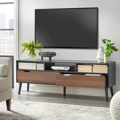  Sundal 2-Drawer TV Stand For TVs Up To 70" With Open Compartments Black/Walnut - Buylateral