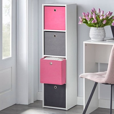  4.25" Utility Bookcase Tower With 4 Fabric Bins White/Pink - Buylateral