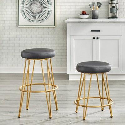  Set Of 2 24" Mazzini Faux Leather And Metal Counter Height Barstools - Buylateral