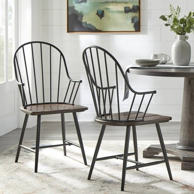  Set Of 2 Milo Windsor Metal With Wood Seat Dining Armchairs Black/Espresso Brown - Buylateral