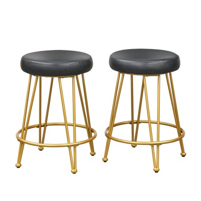  Set Of 2 24" Mazzini Faux Leather And Metal Counter Height Barstools - Buylateral